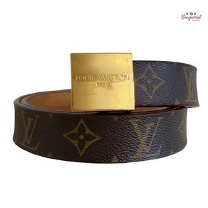 Authentic Louis Vuitton Brown Coated Canvas Ceinture Carre Gold Buckle Belt 32